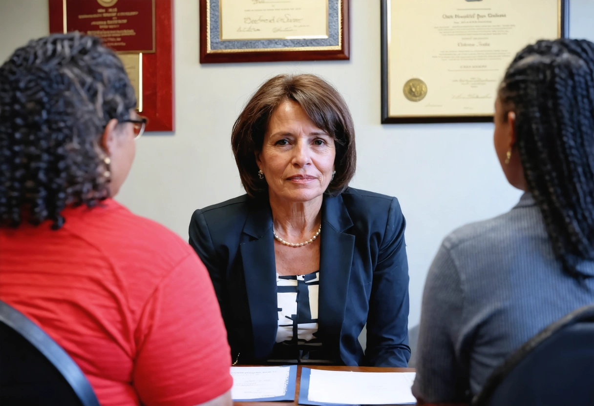 Mediator sitting between two parties, holding a notepad and listening attentively to both sides