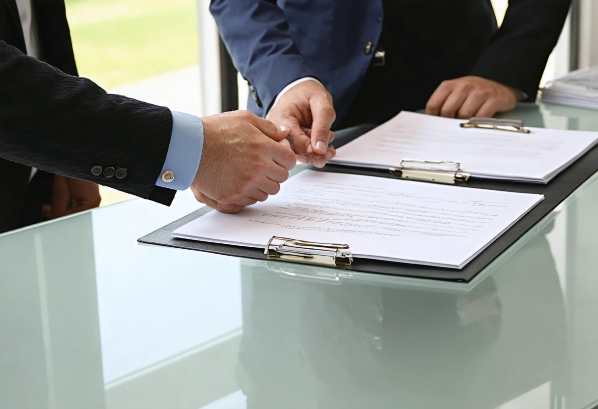 Hands exchanging a folder with a mediator’s supportive hand nearby in natural light