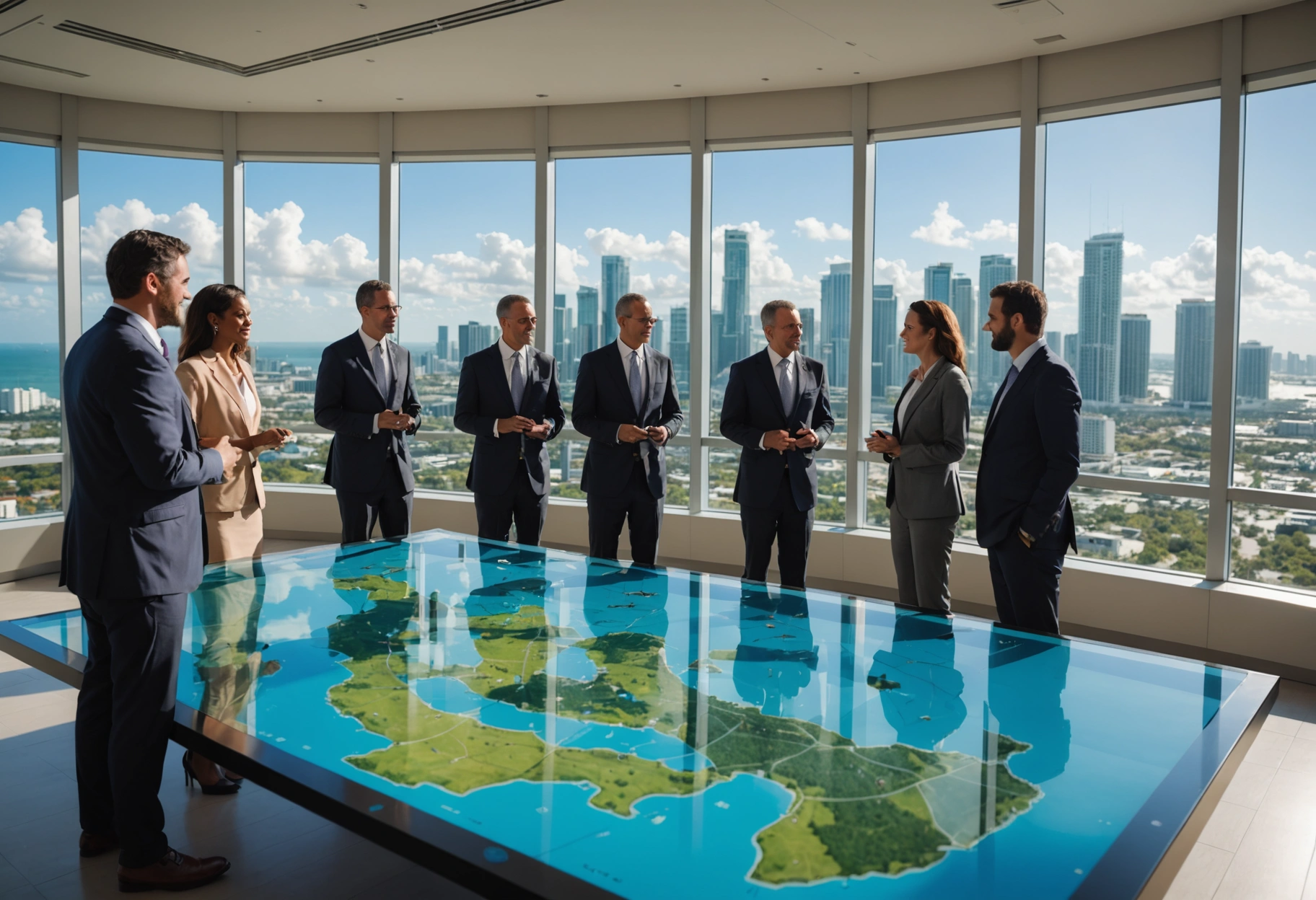 Diverse group in Miami office collaborating around interactive digital table with city skyline