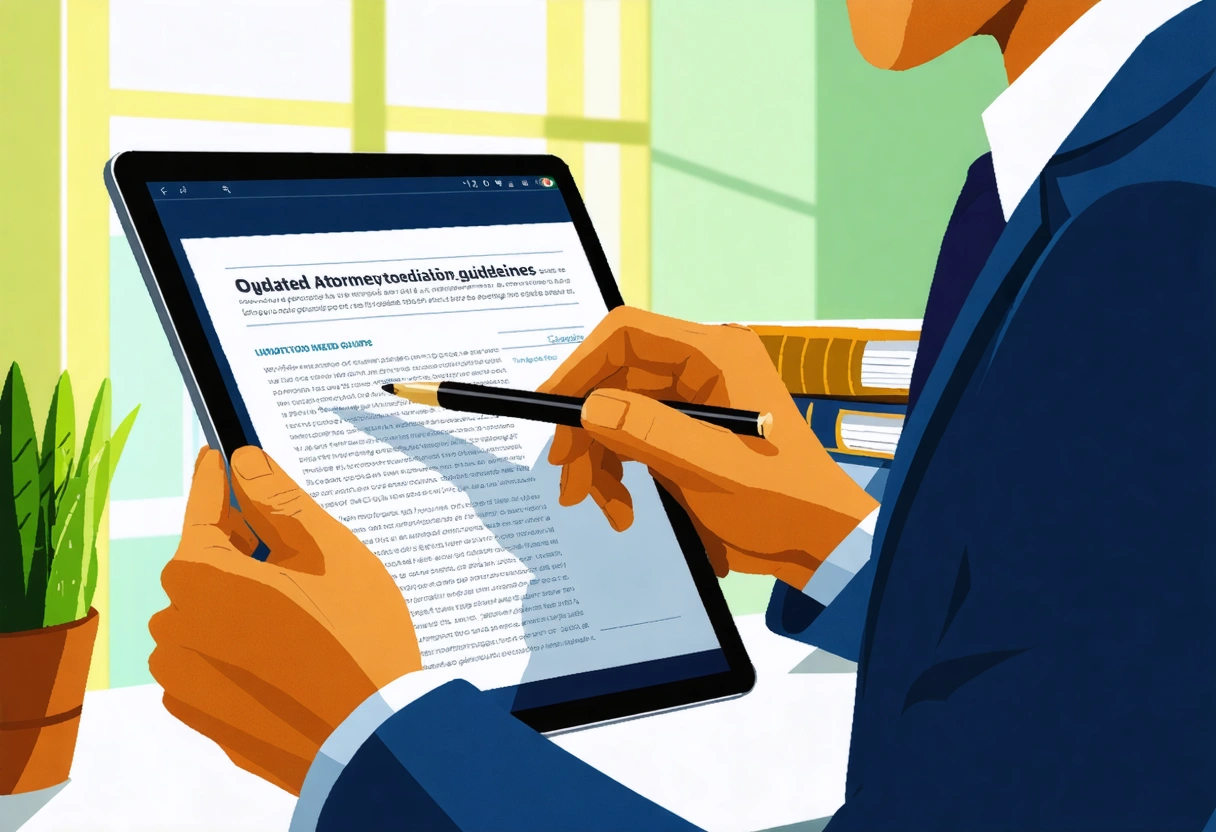 Florida attorney reviews updated mediation guidelines on tablet in sunlit office with legal books