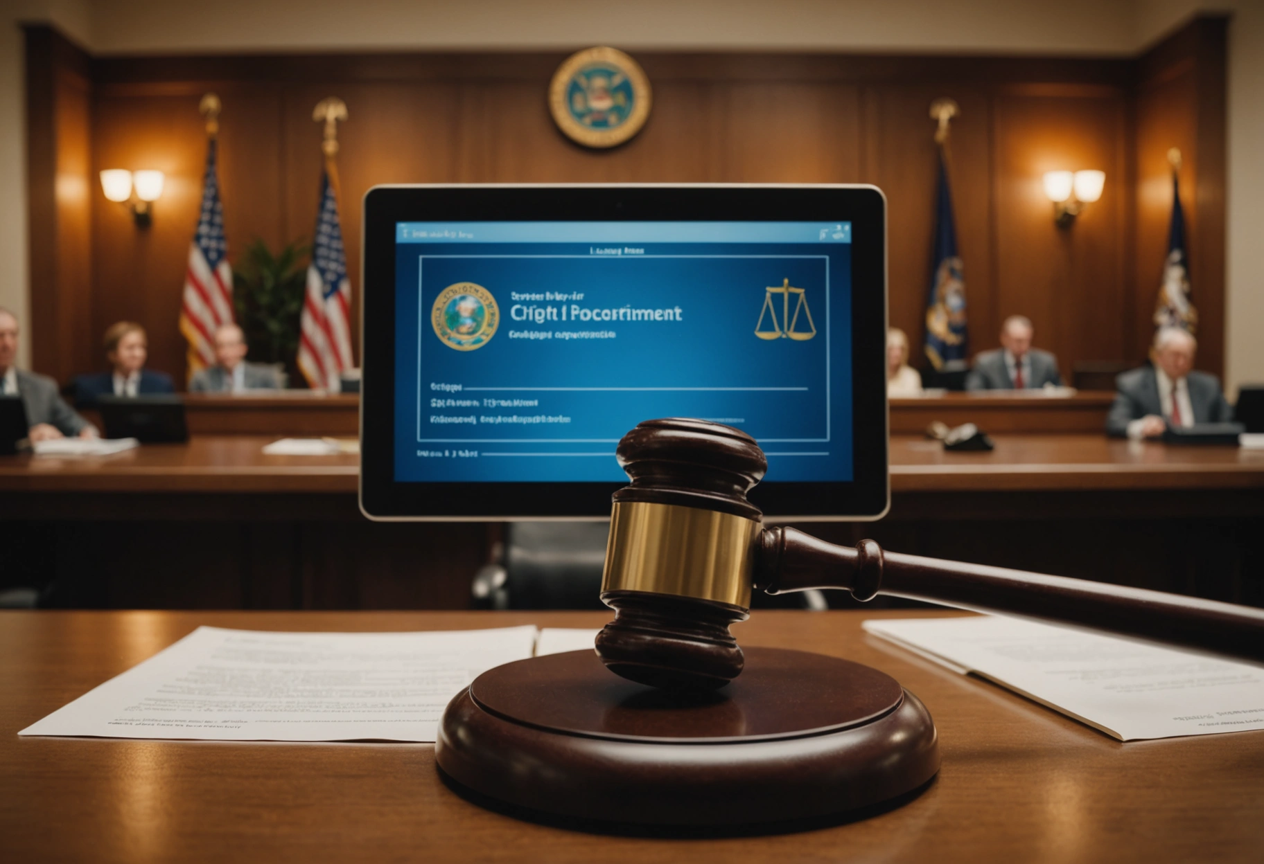 Florida courtroom scene with digital contract, electronic signature, and legal icons overlay