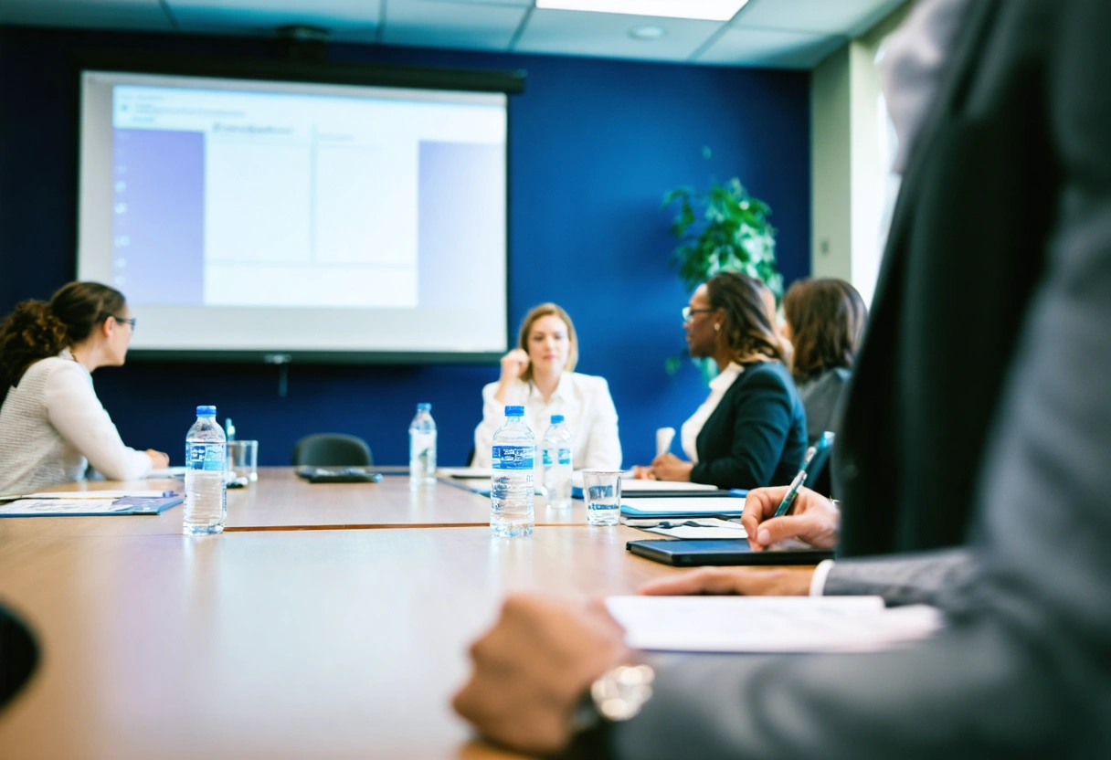 Florida mediator leads training seminar with professionals taking notes and best practices slide displayed
