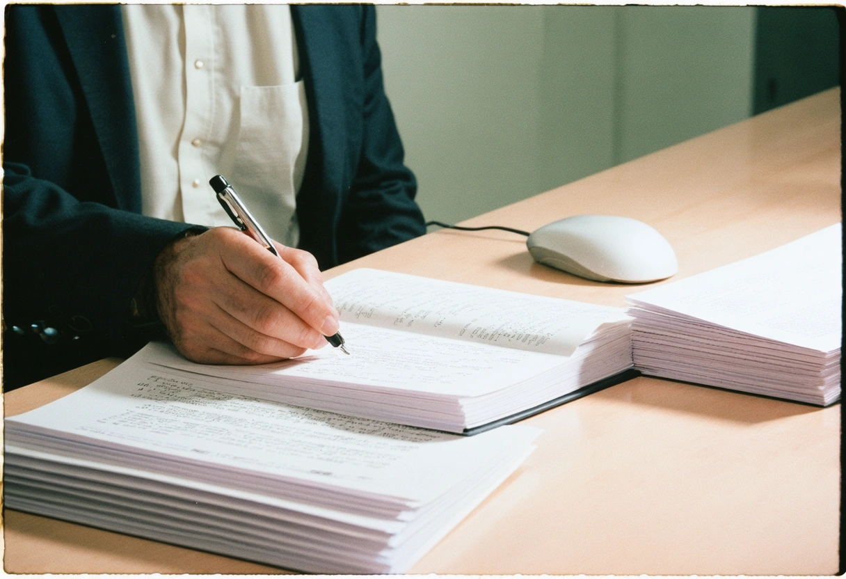 Florida mediator examines code of ethics booklet at tidy desk with confidential folders nearby