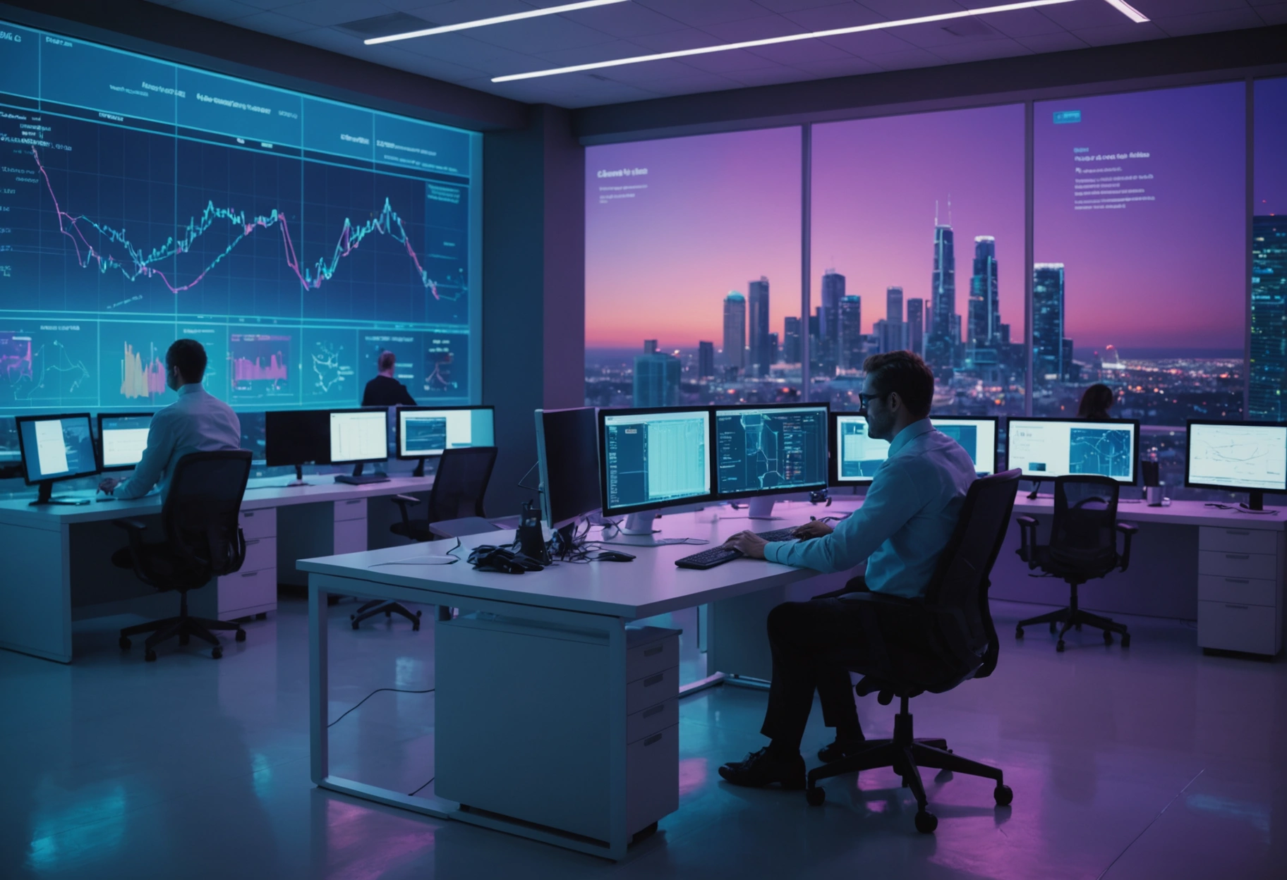 Mediator in a futuristic Florida office reviewing AI-powered digital charts and analytics