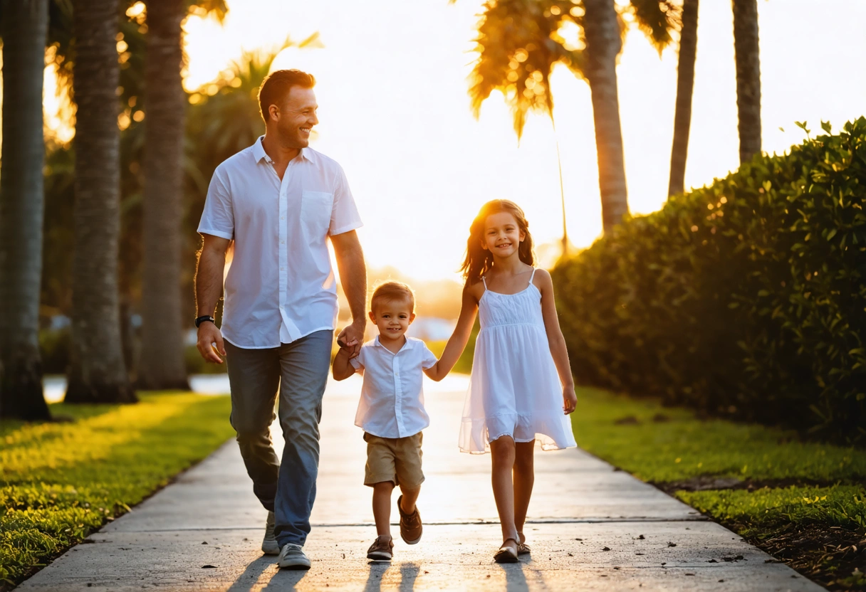Florida family walking together on a palm-lined path at sunrise, symbolizing new beginnings