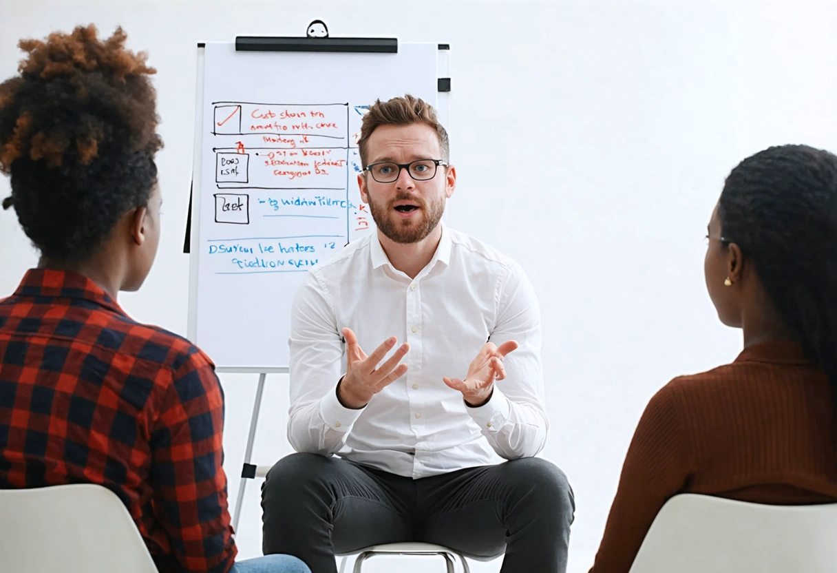 Diverse group of people around a conference table, reviewing documents and collaborating respectfully