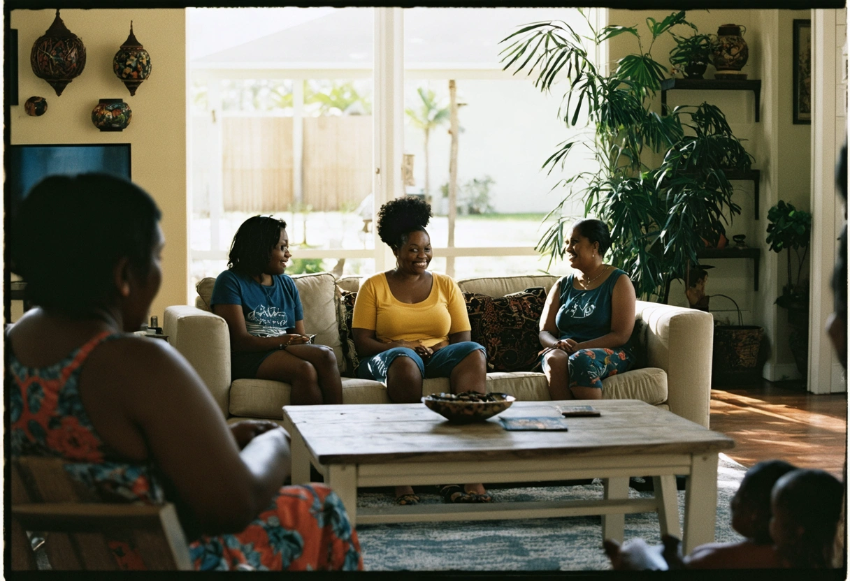 Multicultural family and mediator conversing in a Florida home with cultural decor and attentive listening