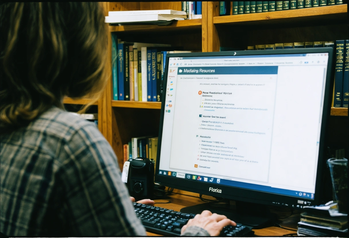 Person researches Florida mediation resources on desktop computer with law books and legal websites visible