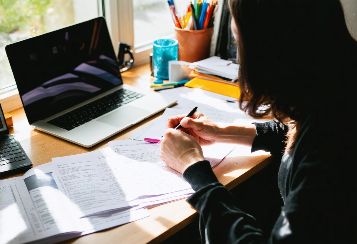 Individual reviews mediation documents at organized home office desk with sunlight streaming in