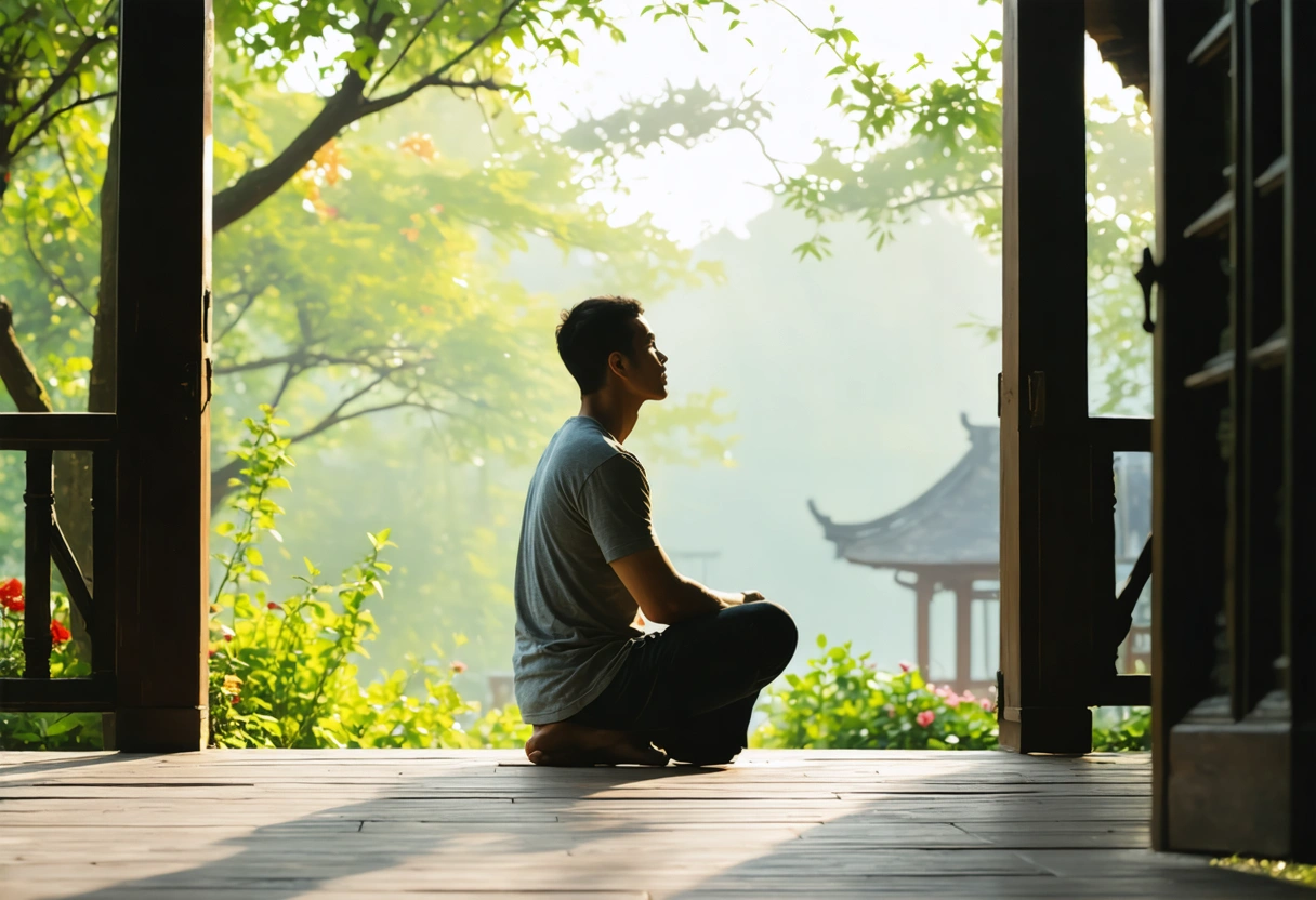 Person stands on quiet porch taking deep breath, tranquil garden visible, peaceful mediation break