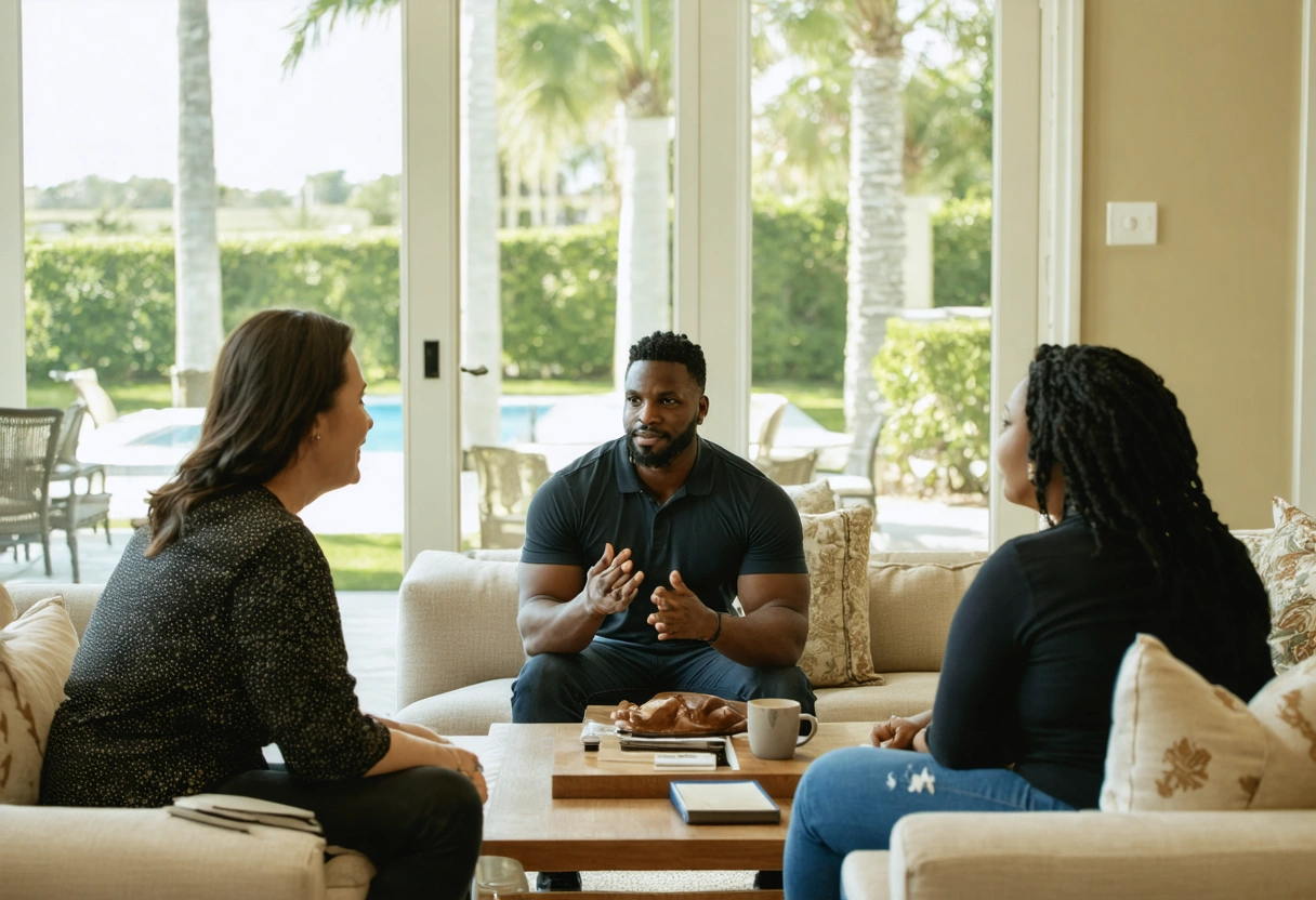 Mediator facilitates conversation between two people in a cozy Florida living room setting