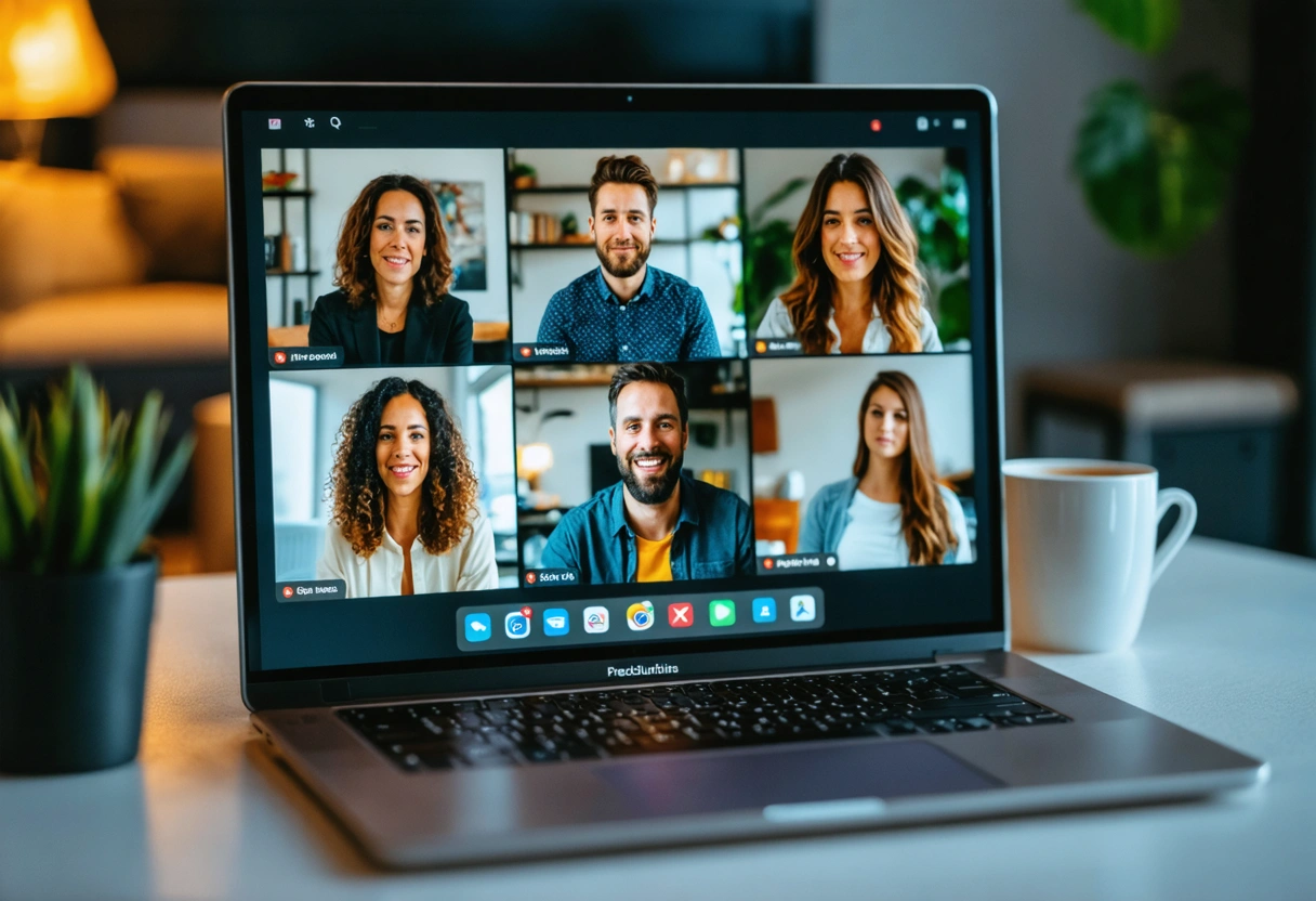 Virtual mediation session on laptop screen with diverse participants and mediator emphasizing confidentiality