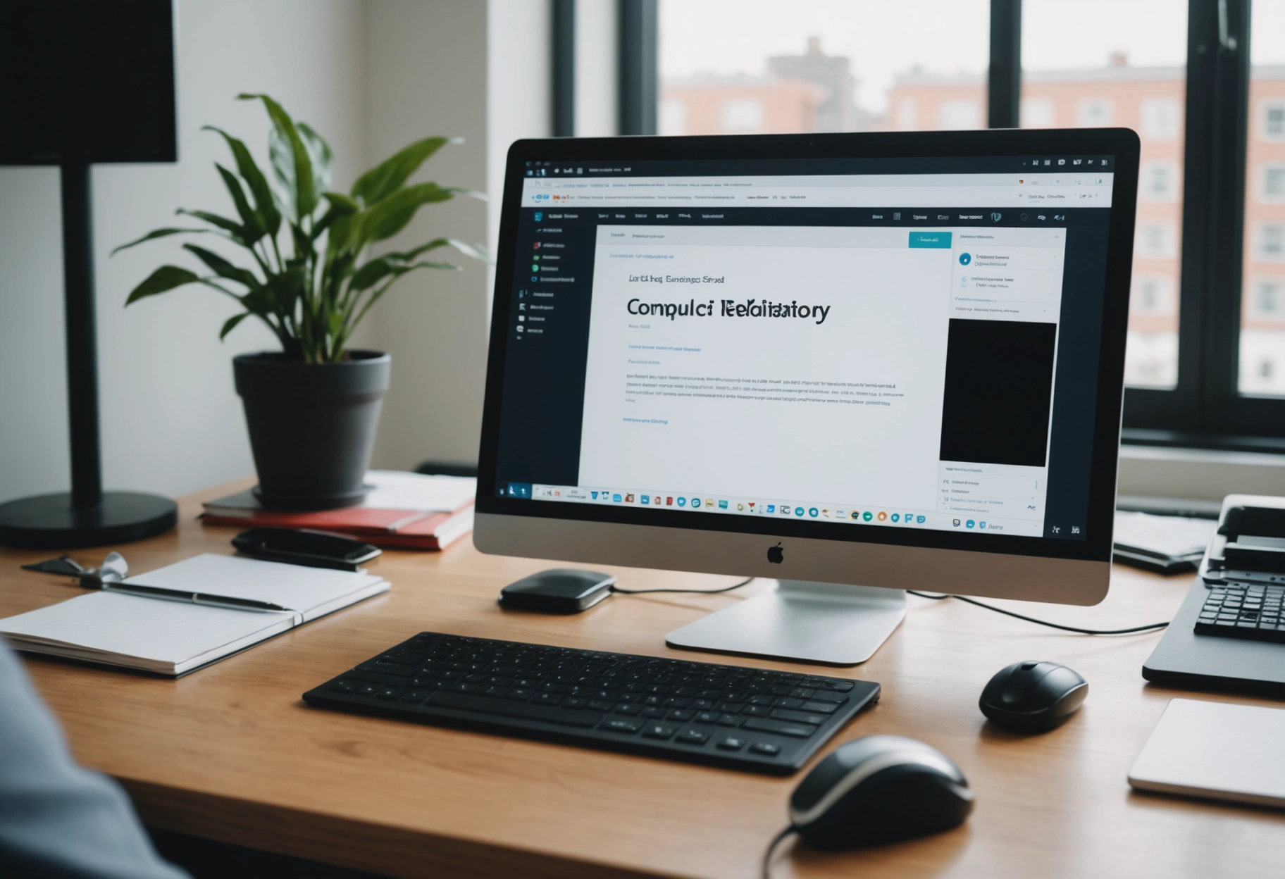 Computer screen showing legal tech tools for online mediation on an organized desk