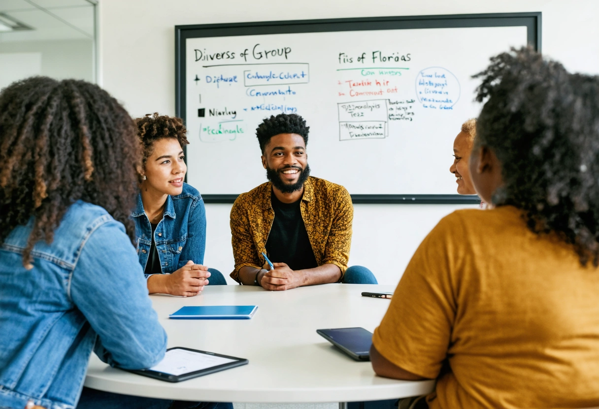 Diverse Floridians and mediator discuss dispute topics in community center with collaborative atmosphere