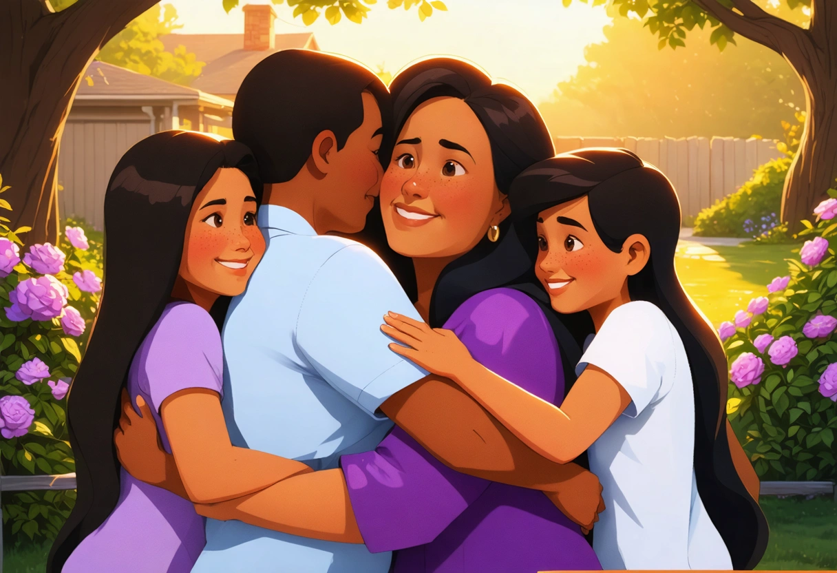 The Martinez family embracing in a backyard garden at sunset, expressing relief and connection