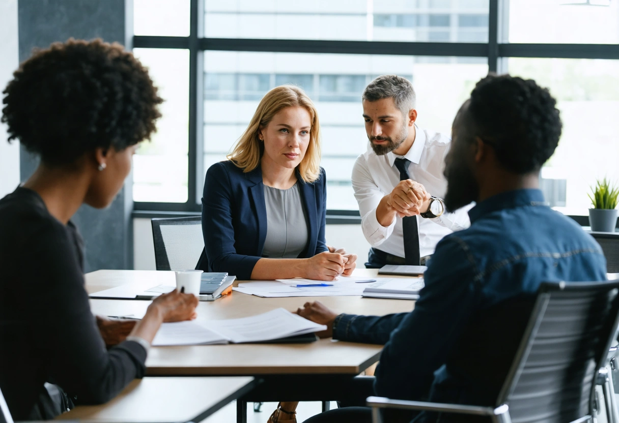 Three mediation scenes showing analysis, group discussion, and a handshake in a modern office