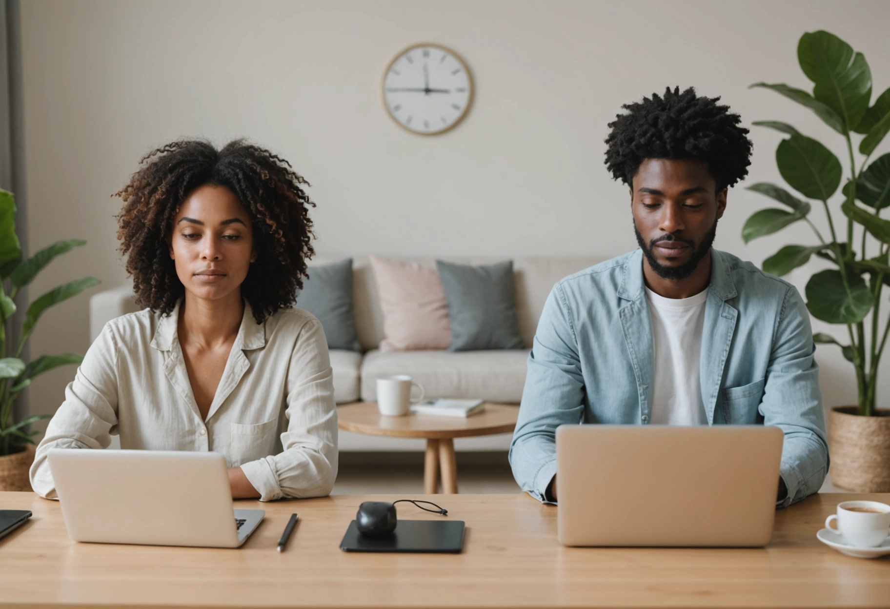 Two individuals in separate serene settings engaged in online mediation via computers