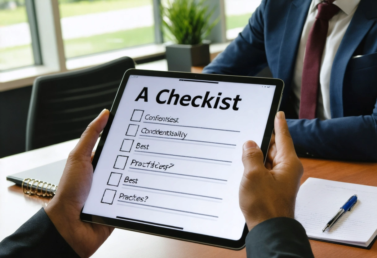 Two people reviewing confidentiality best practices checklist on tablet in bright Florida office