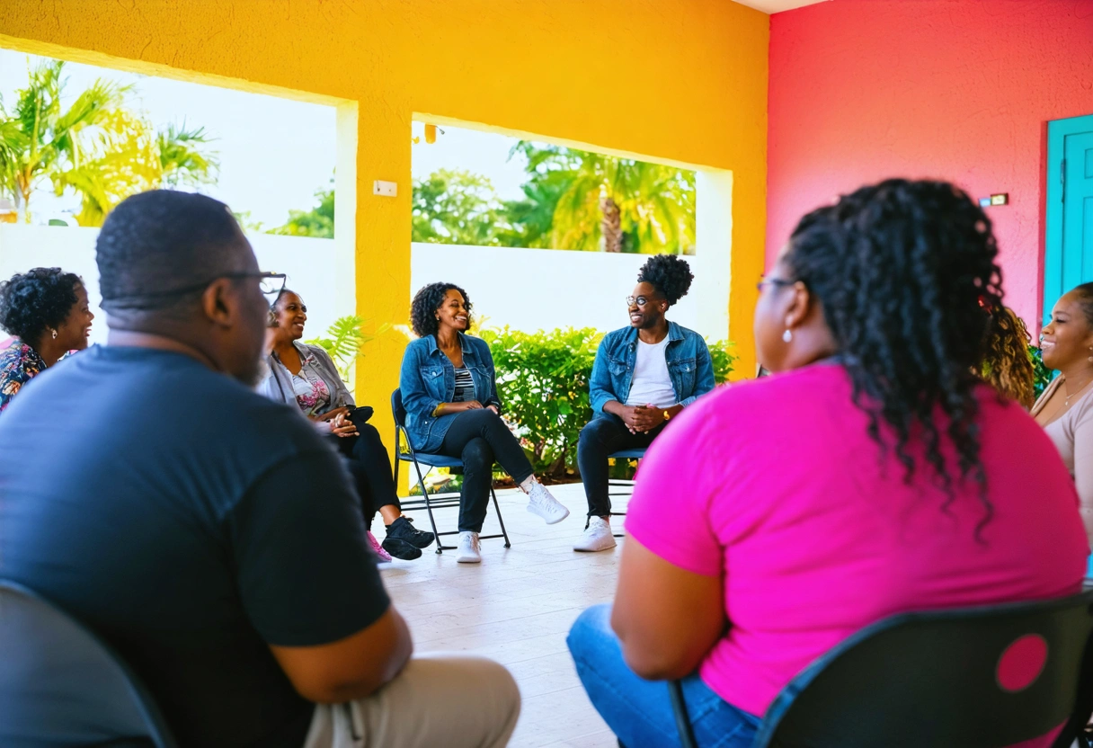 Community leader facilitating communication workshop with engaged adults in colorful Florida rec center