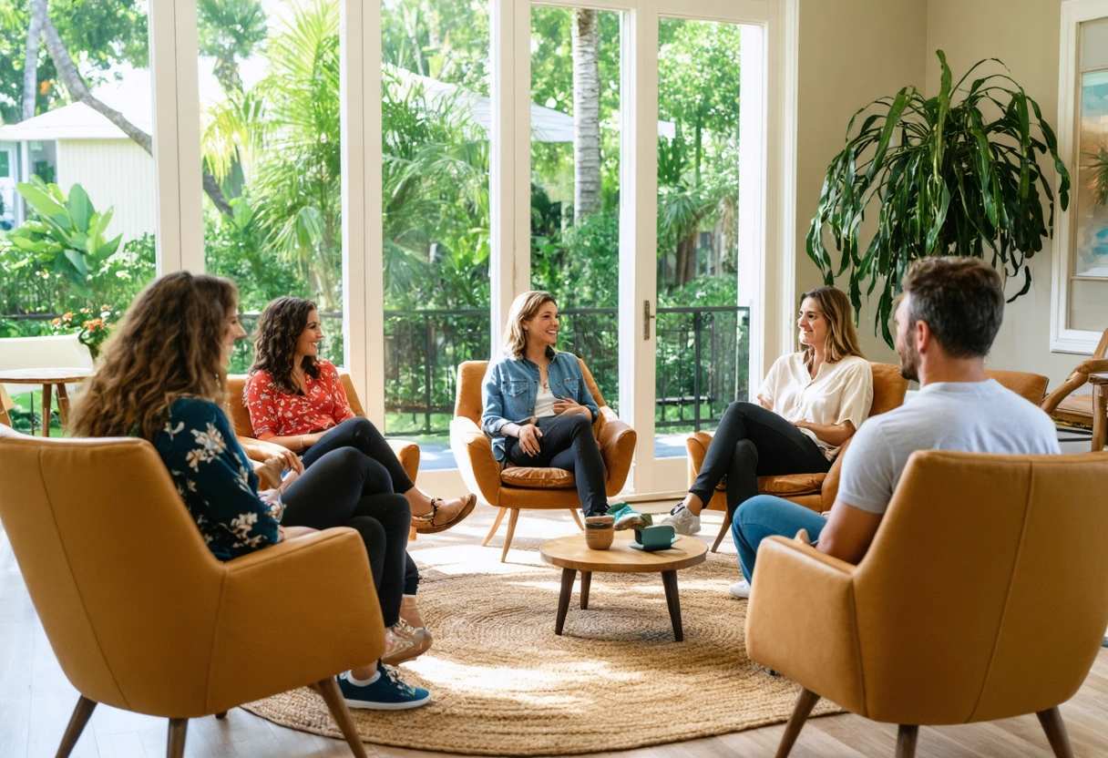 Mediation session in a relaxed Florida lounge with participants seated in a circle discussing options