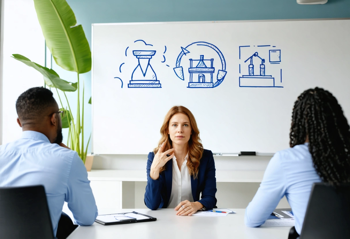 Florida mediator gestures to a whiteboard with fairness symbols between two individuals in a bright office