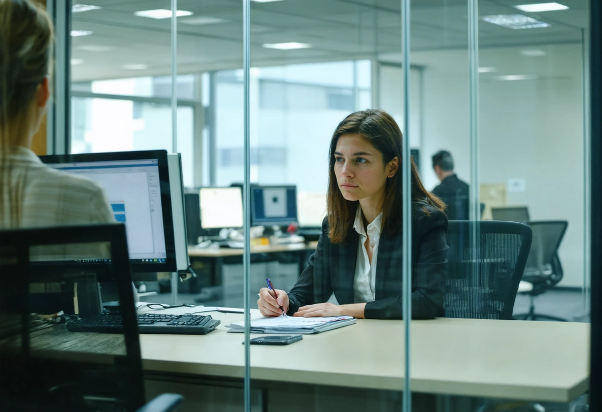 HR specialist listening to employee in glass-walled office, taking notes, empathetic atmosphere