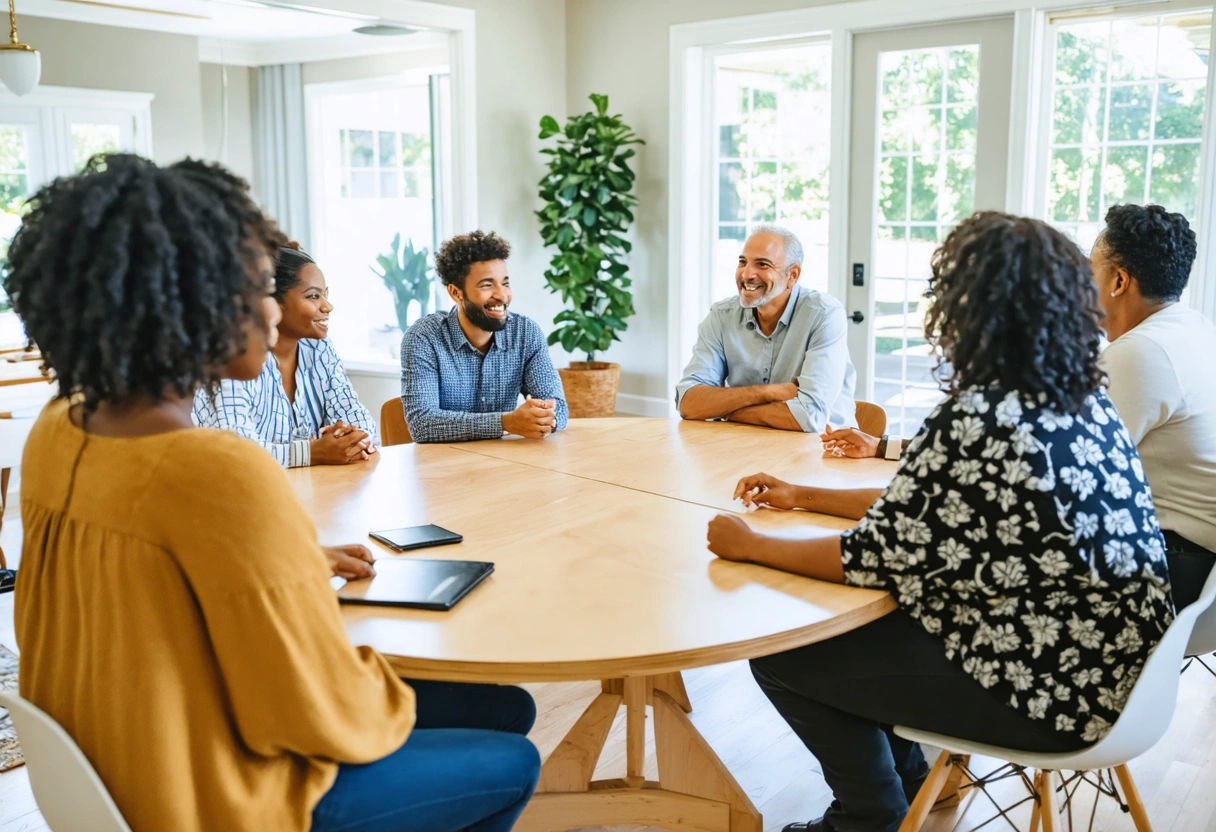 Diverse homeowners association members discussing concerns around a round table in bright room