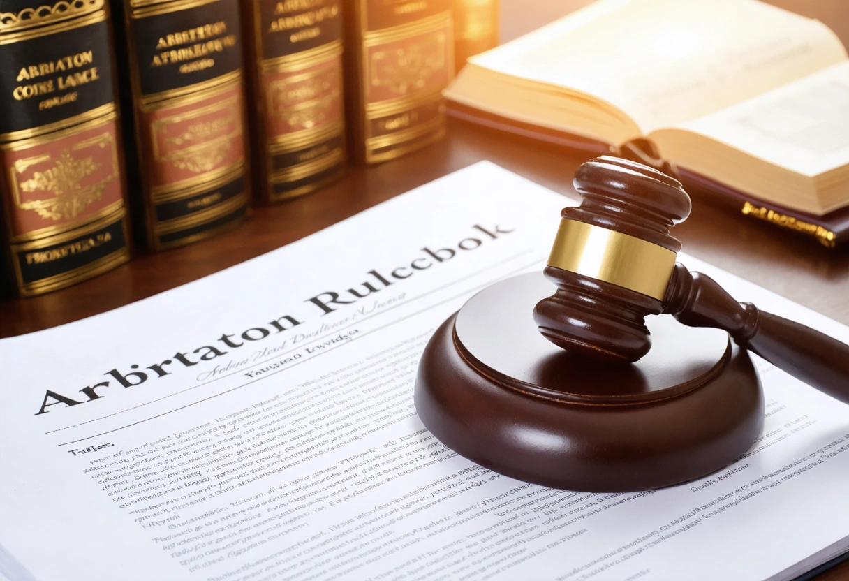 Judge's gavel and arbitration rulebook beside Florida law book on orderly desk