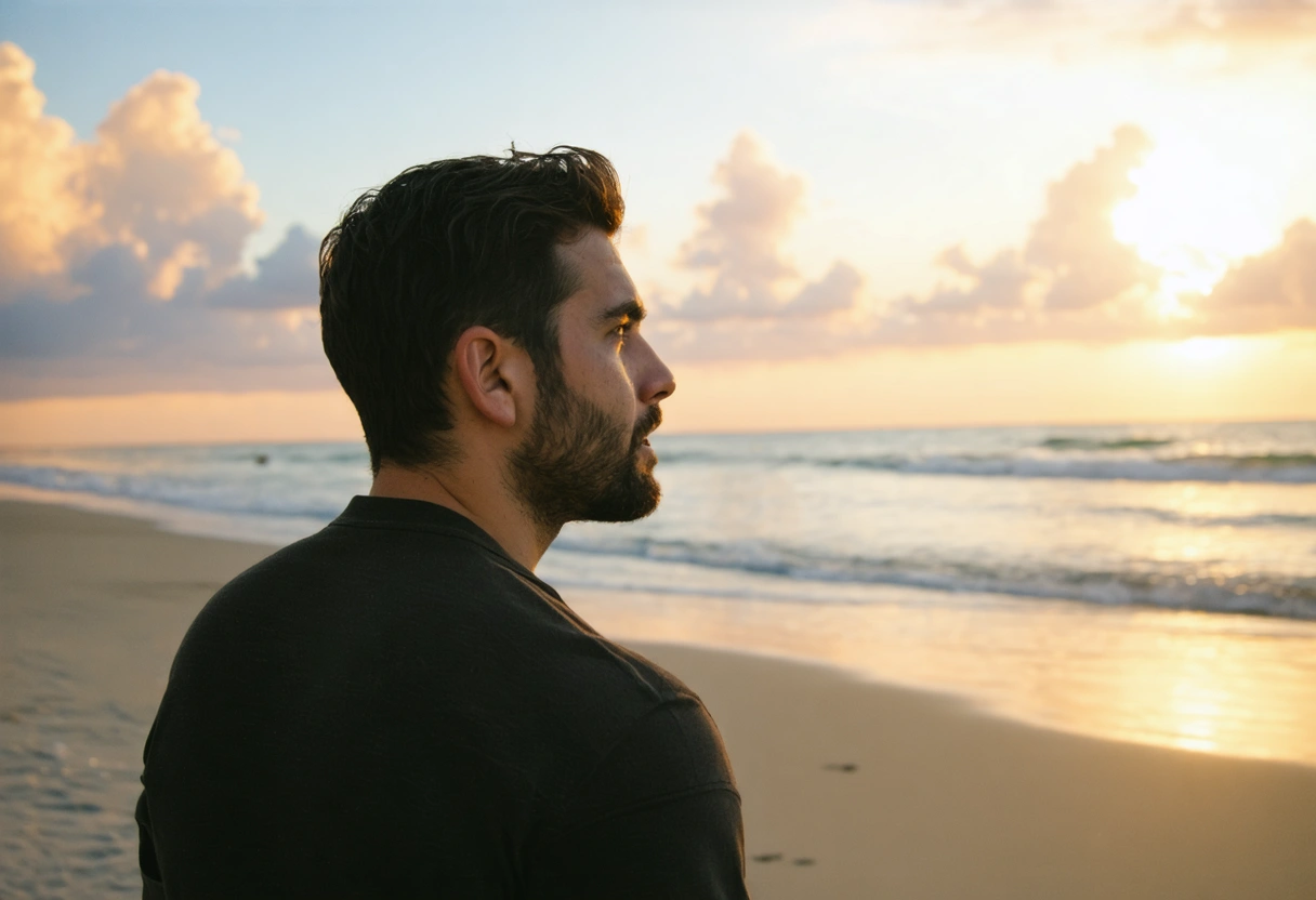 Man taking a deep breath before talking to friend on peaceful Florida beach at sunset
