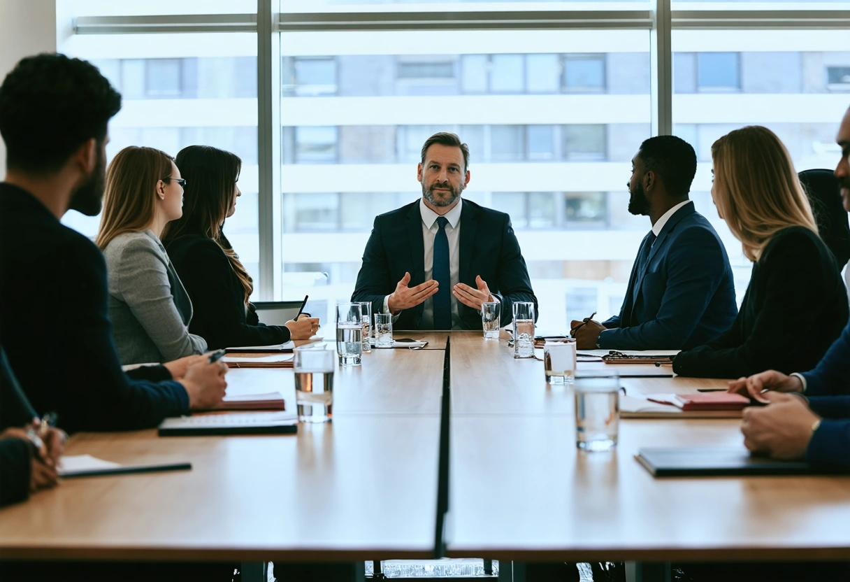 Mediator speaking to two attentive parties at conference table with notepads and water glasses