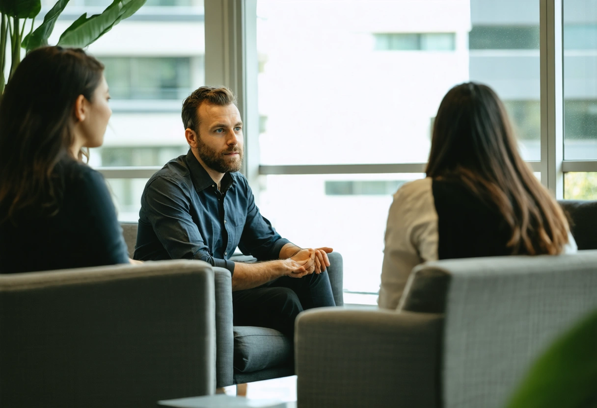 Mediator guiding two people through a tense discussion in a relaxed office, supportive and empathetic setting