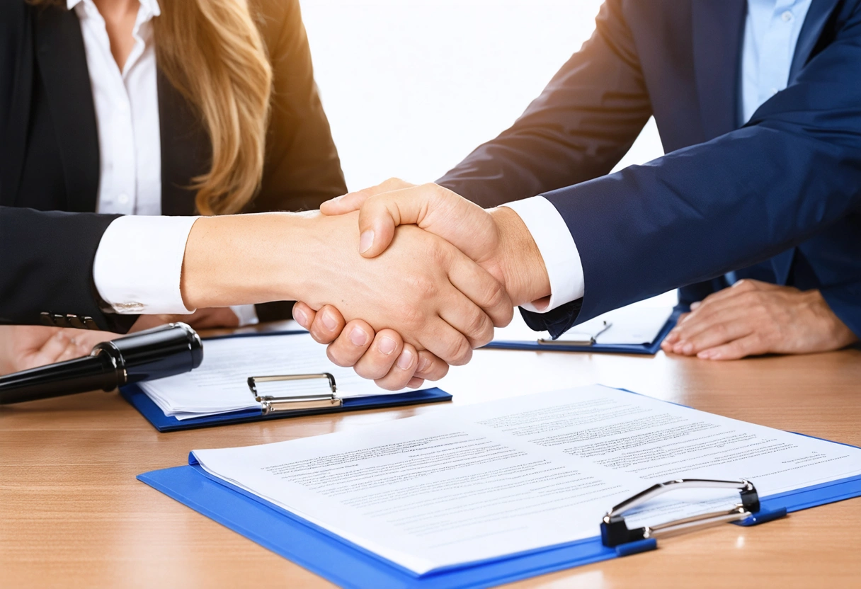 Mediator presents a signed agreement to two relieved individuals shaking hands in a bright Florida office