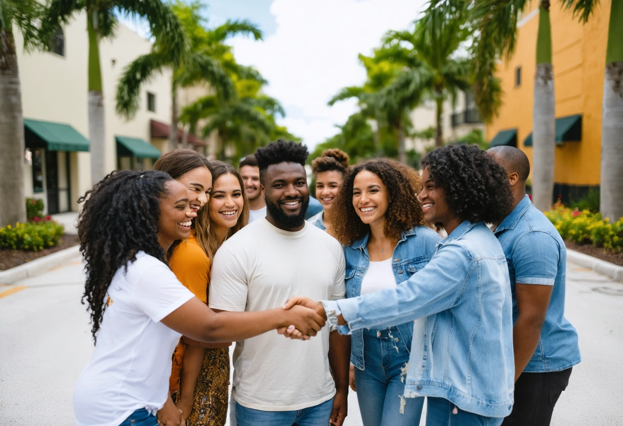 Diverse group of Floridians smiling and shaking hands on a sunny Orlando street