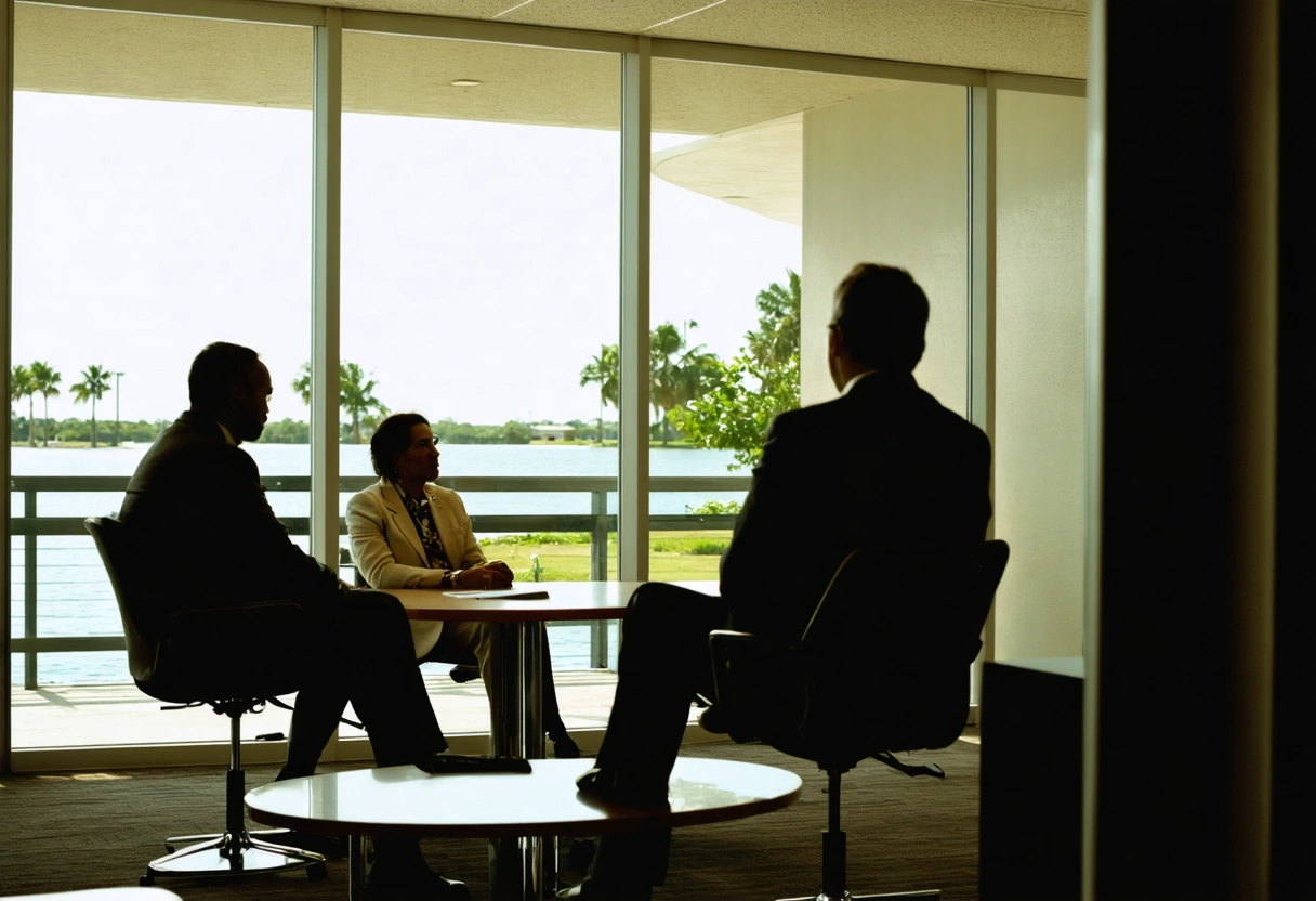 Arbitrator listens to two individuals discussing a case in a bright Florida mediation room