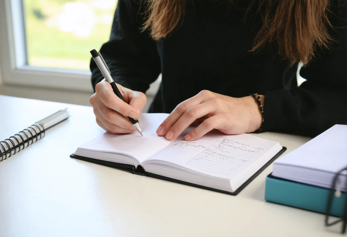 Person at home making notes on a notepad before mediation, focused and organized workspace
