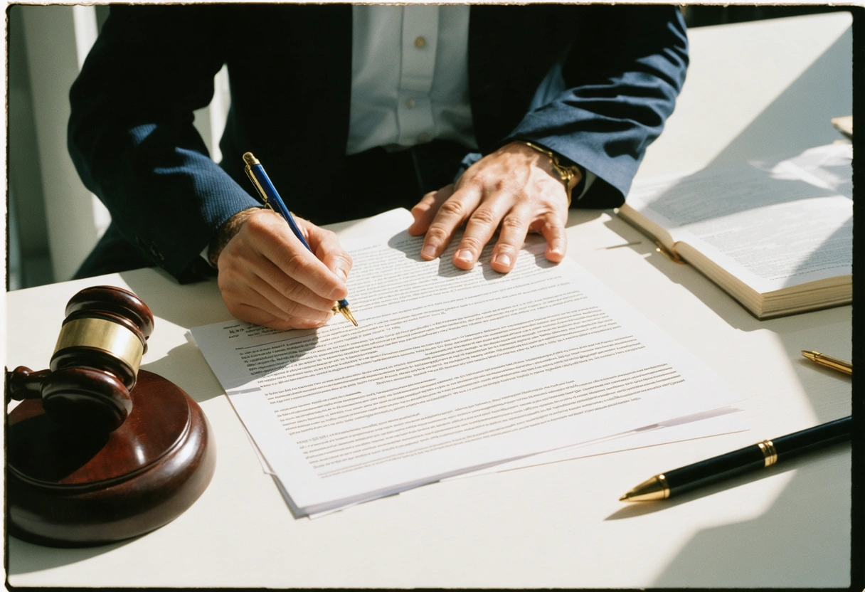 Person reviewing contract with Florida law book and gavel, illustrating arbitration process steps.