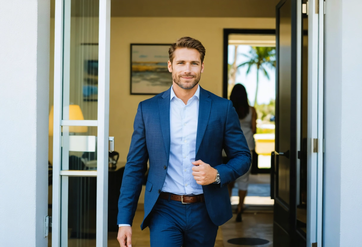 Business professional leaving discreet Florida mediation office, appearing relieved, no media present