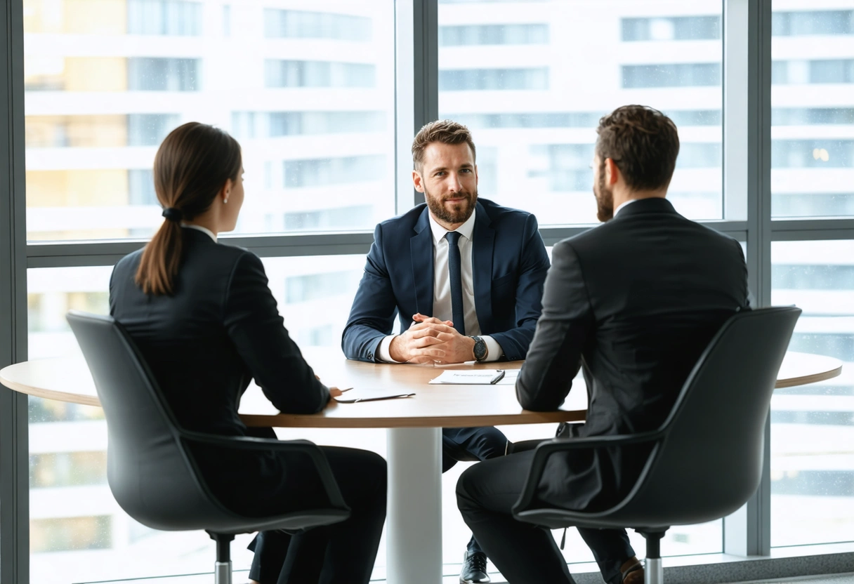 Mediator in business attire welcomes two individuals into a sunlit conference room with a round table