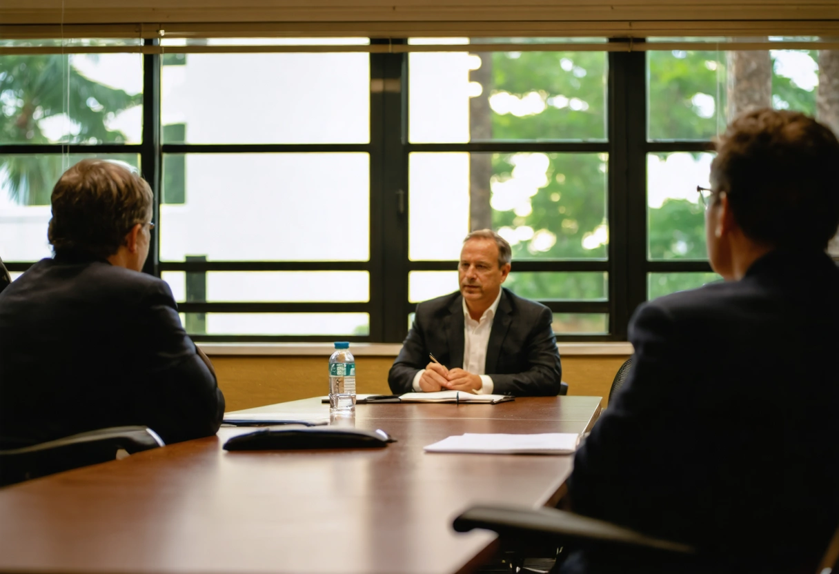 Arbitration hearing in Florida conference room with arbitrator, parties presenting evidence, informal setting.