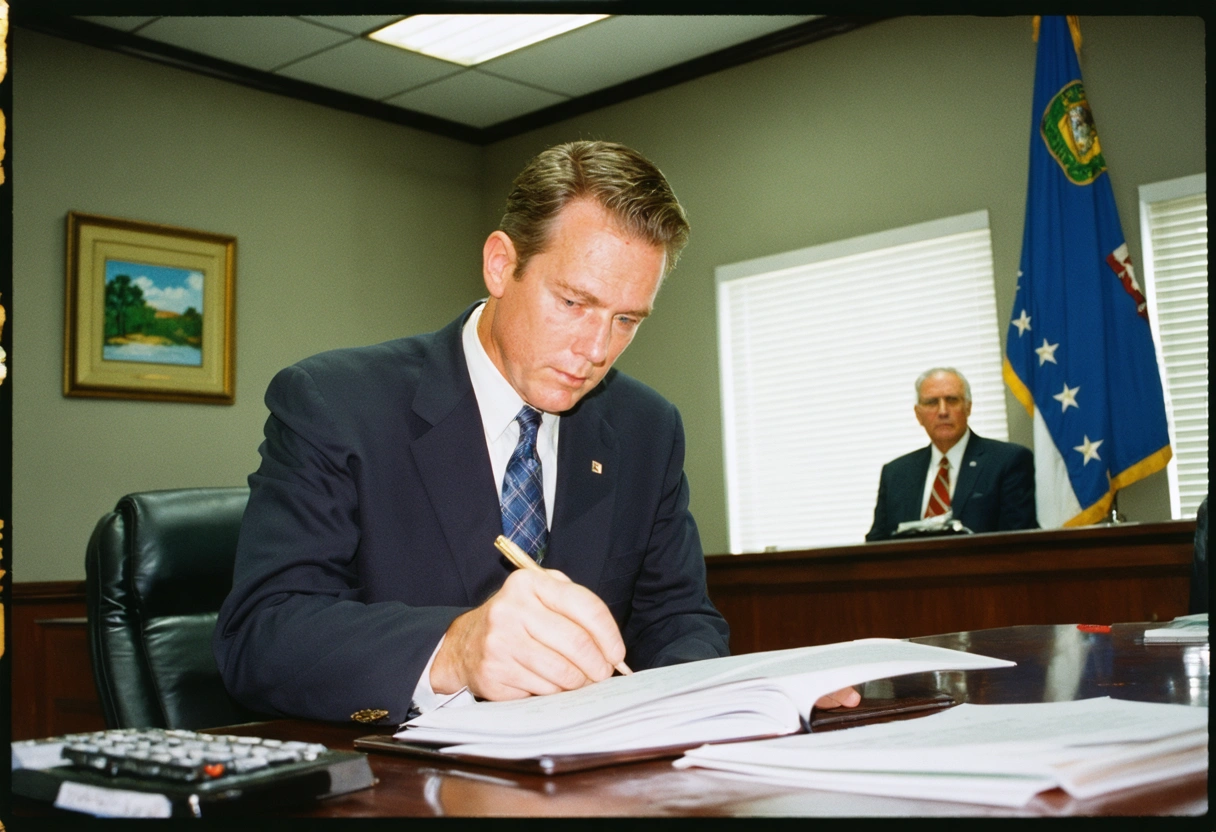 Arbitrator reviewing documents at desk with observer, Florida flag in background, thoughtful atmosphere
