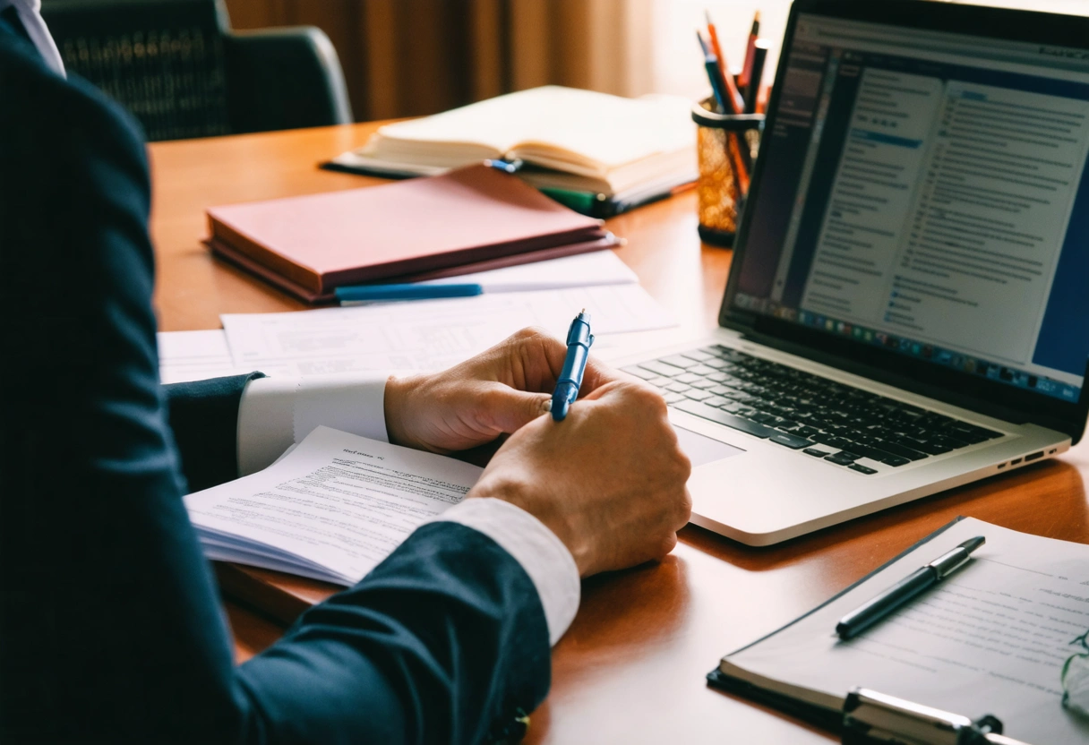 Person at organized desk reviewing legal documents with laptop and Florida law books nearby