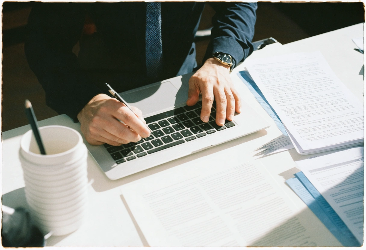 Individual reviewing documents and contracts at a tidy table with an open laptop, preparing for mediation