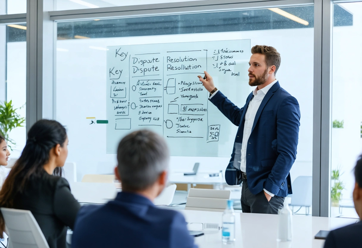 Business professional presenting dispute resolution takeaways on glass board, small attentive audience, daylight