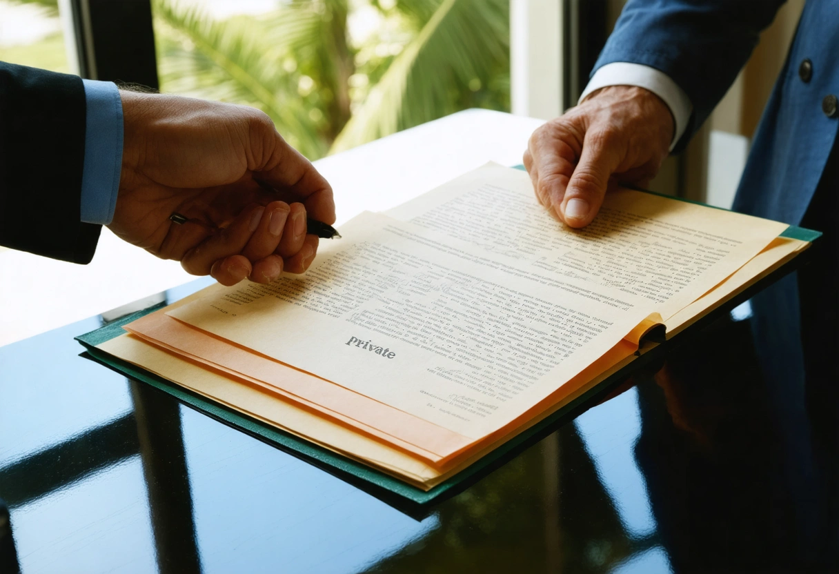Hands exchanging confidential folders stamped private on table, Florida palm tree outside window