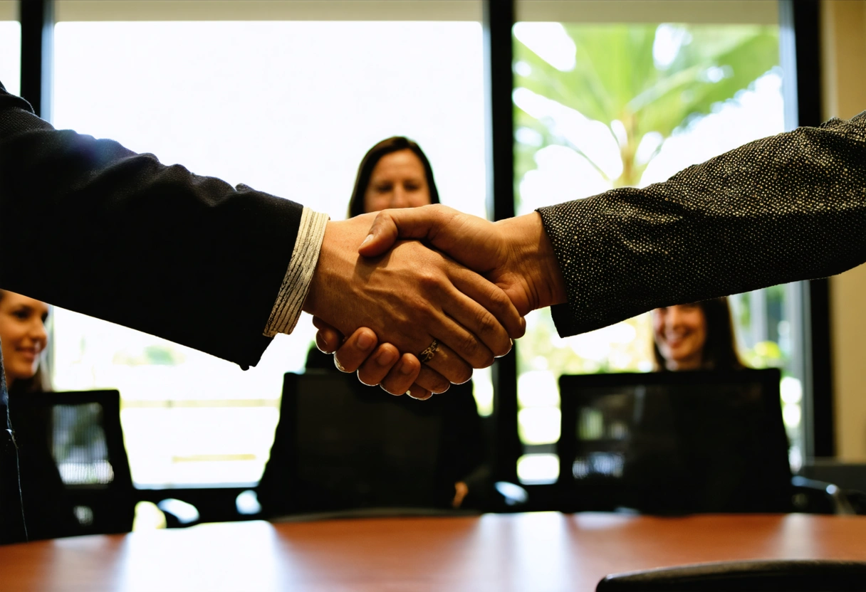 Two people shake hands in a sunlit Florida conference room as a mediator smiles supportively
