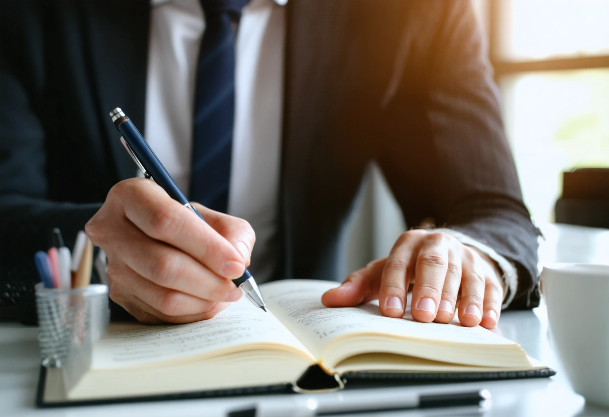 HR manager meeting with employee, open notebook and career plan on table, supportive setting