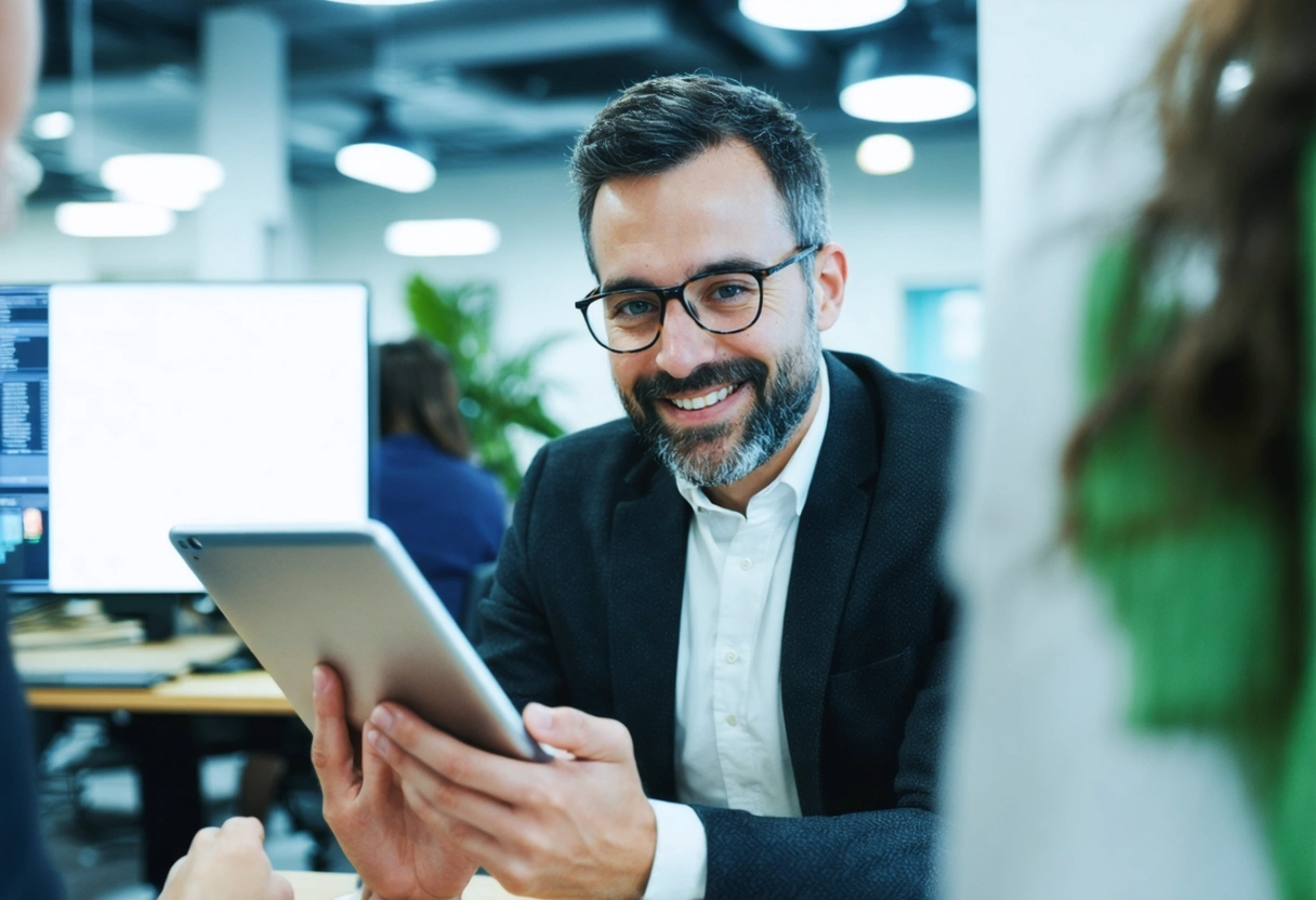 HR professional conducting follow-up with employee, digital survey on tablet, relaxed and positive interaction