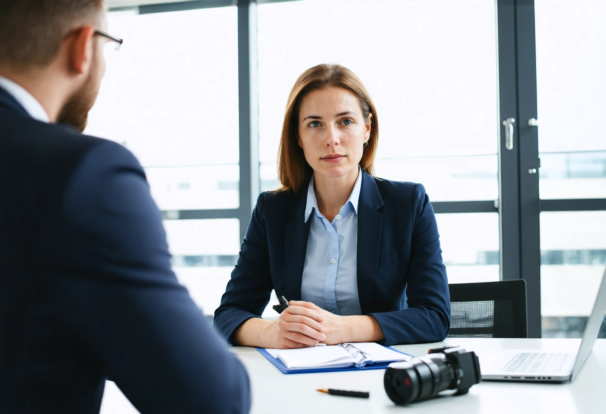 Investigator interviewing professional in neutral conference room, recorder and documents visible, serious mood