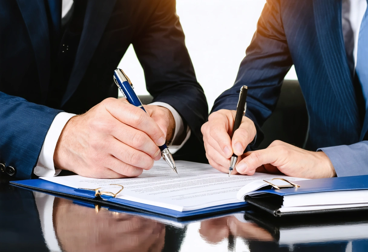 Mediator and parties signing settlement document at table, hands and document in focus