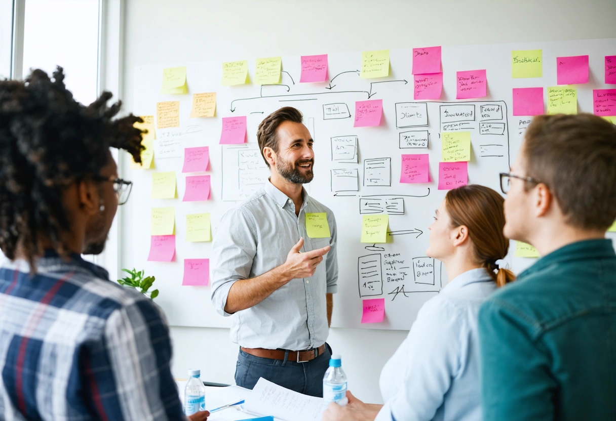 Group brainstorming at whiteboard with sticky notes, mediator guiding, participants engaged in discussion